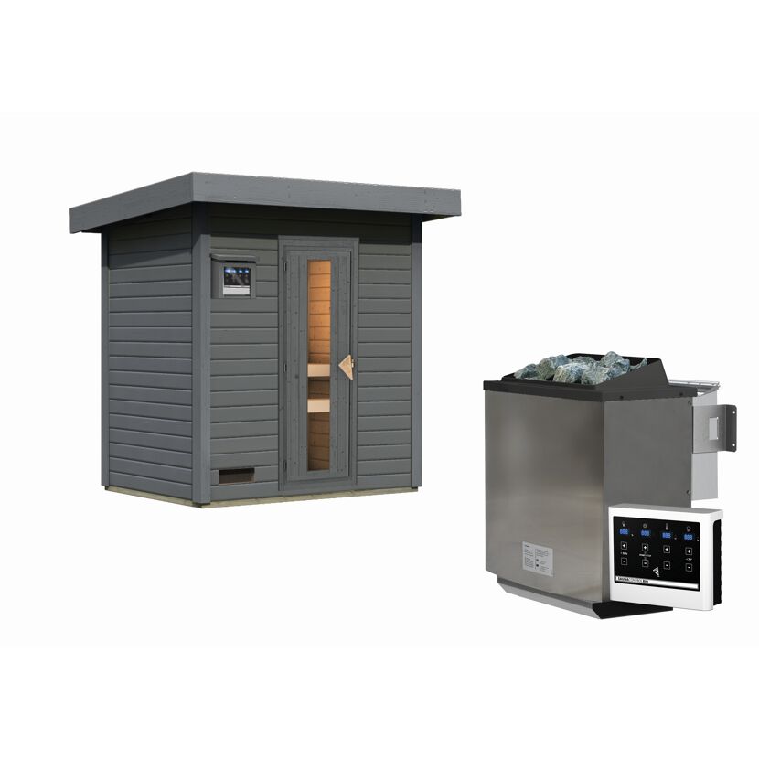 Graue Gartensauna mit Saunaofen