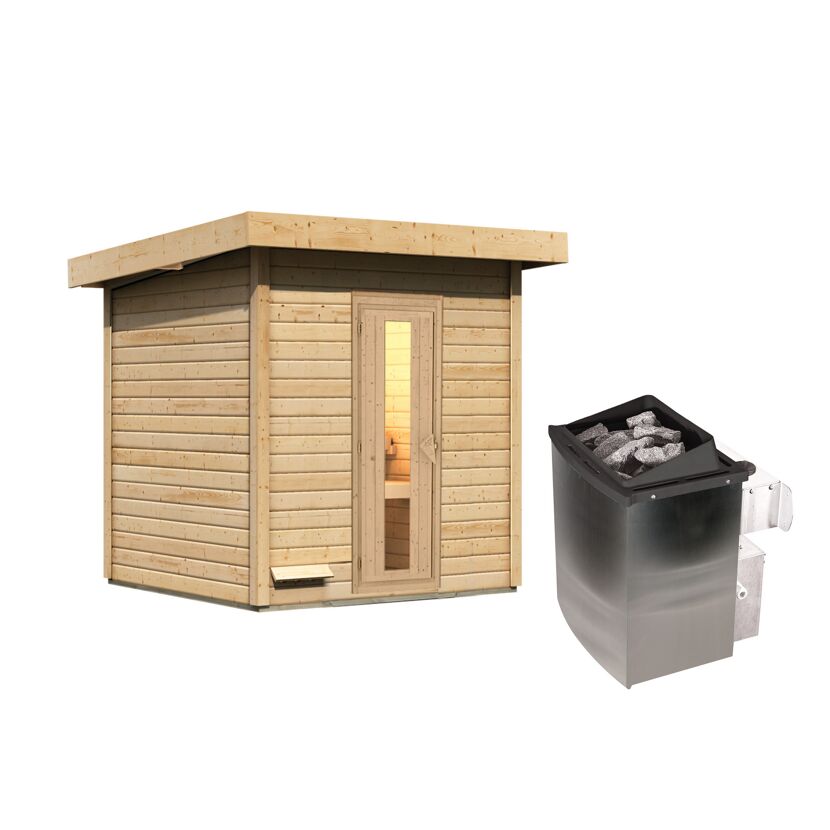 Sauna aus Holz mit Saunaofen