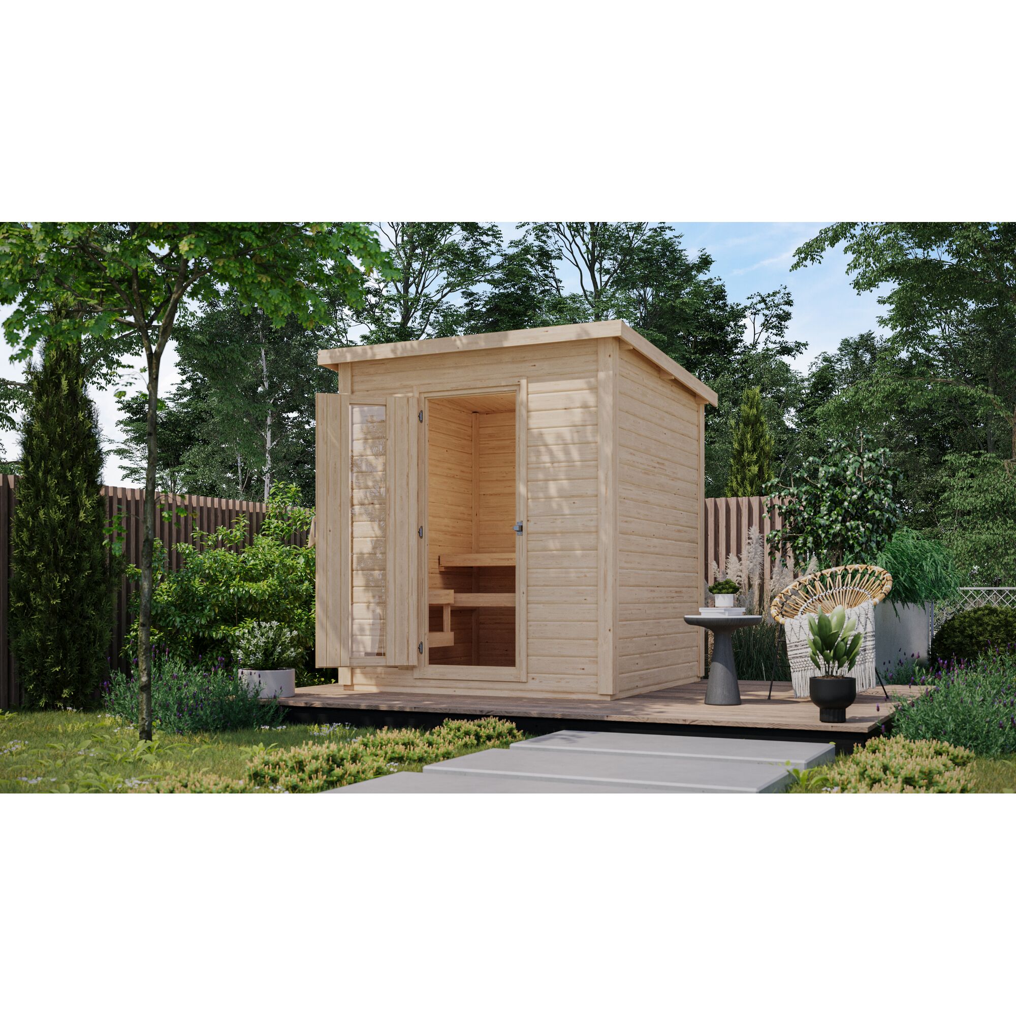 Gartenhaus mit offener Tür und Sauna im Inneren