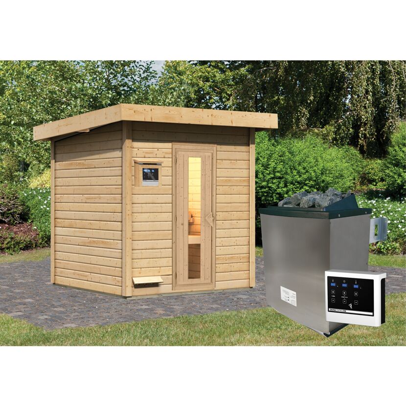 Sauna aus Holz mit Saunaofen