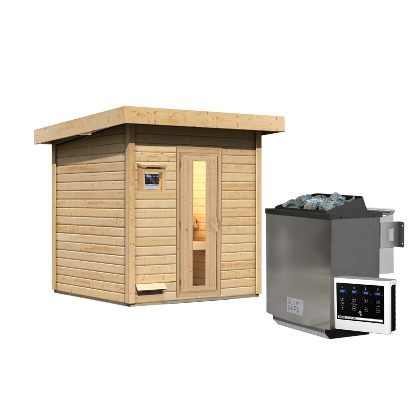 Außen-Sauna aus Holz mit Saunaofen