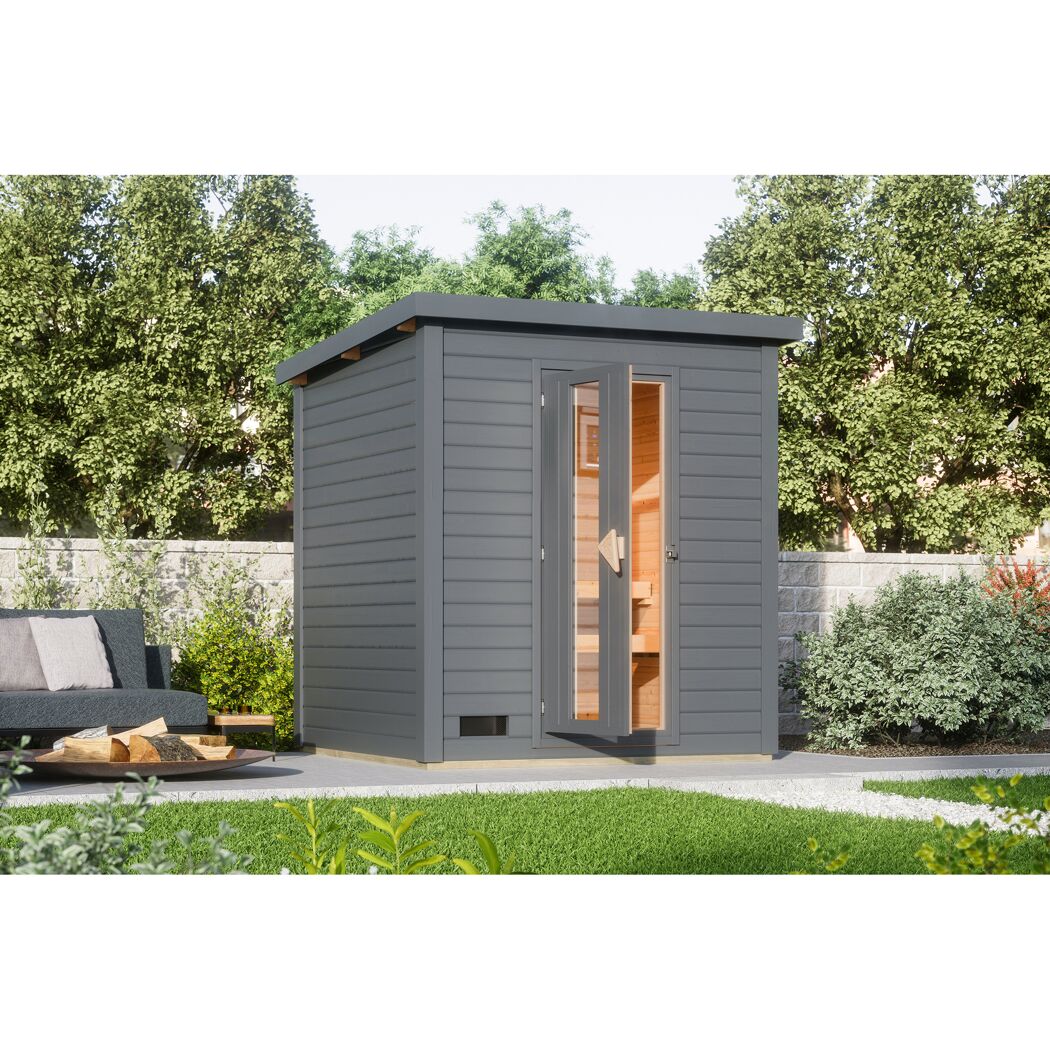 Graue Gartensauna mit offener Tür