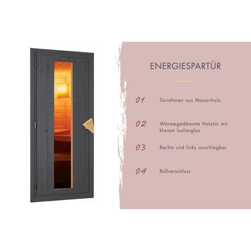 Offene Holztür mit Glaseinsatz für eine Sauna