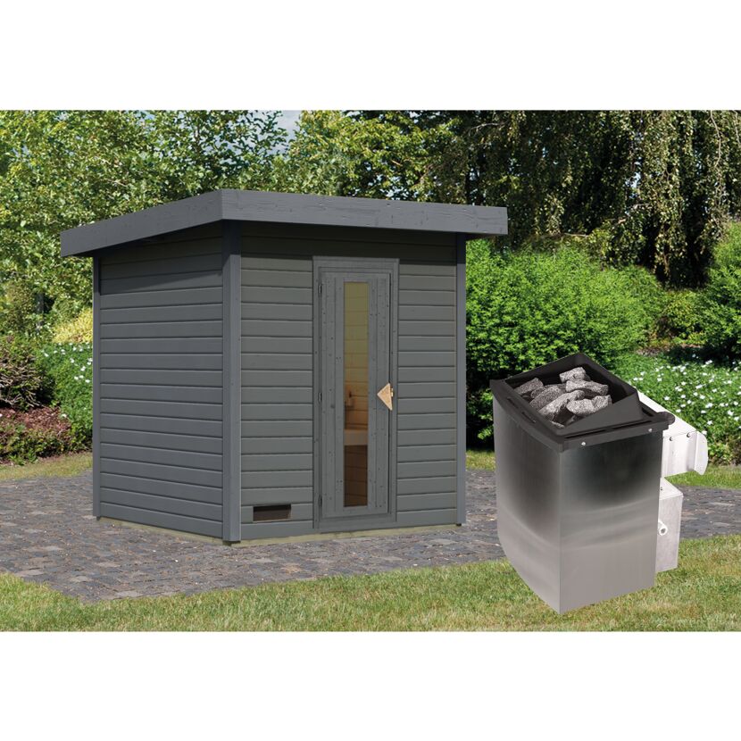 Graue Gartensauna mit Saunaofen