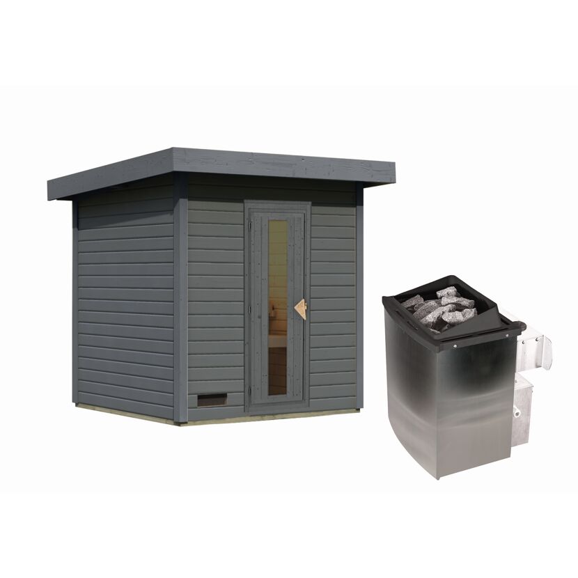 Graue Sauna mit Saunaofen