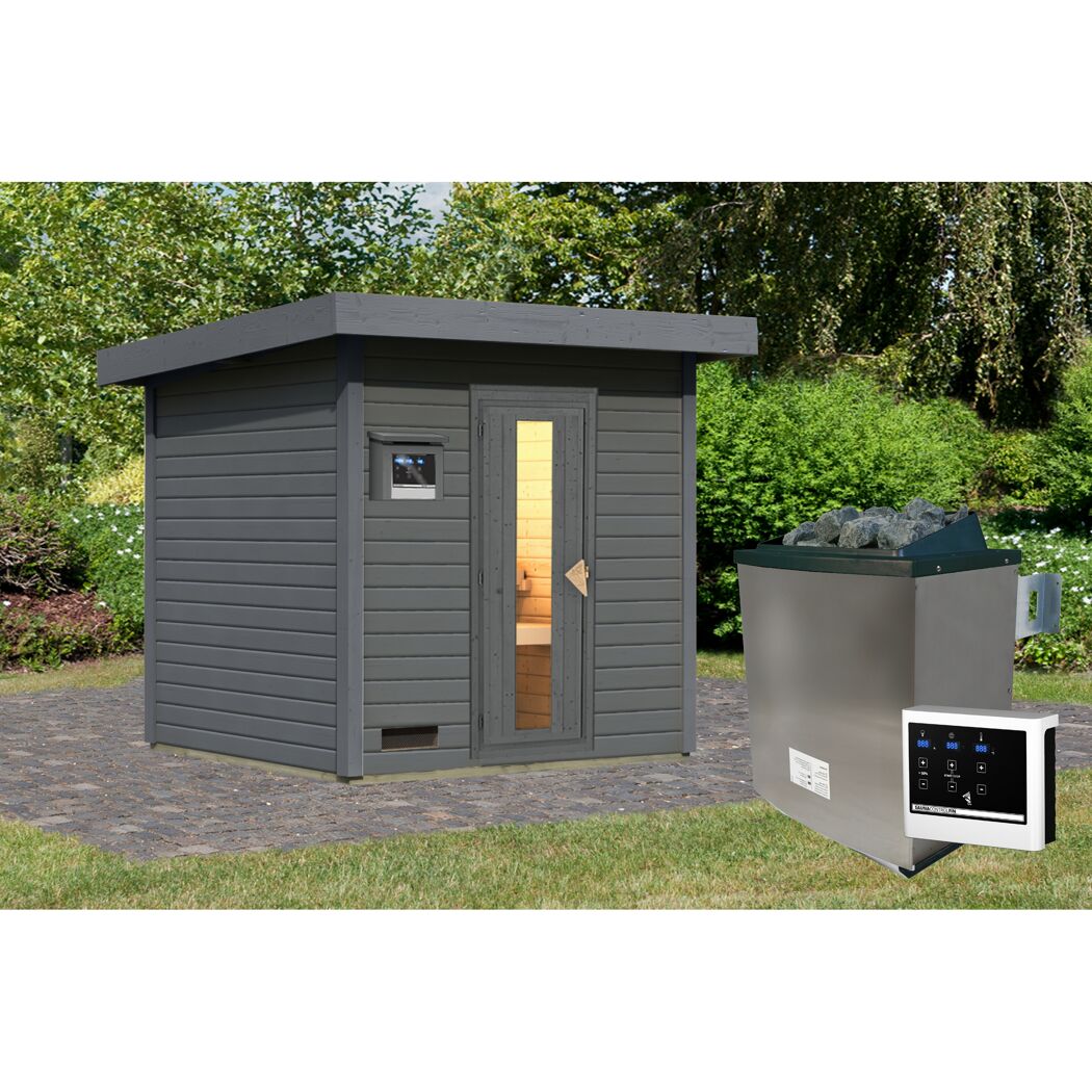 Saunahaus 'Bosco 2' terragrau 9 kW Ofen externe Steuerung 196 x 196 x 228 cm