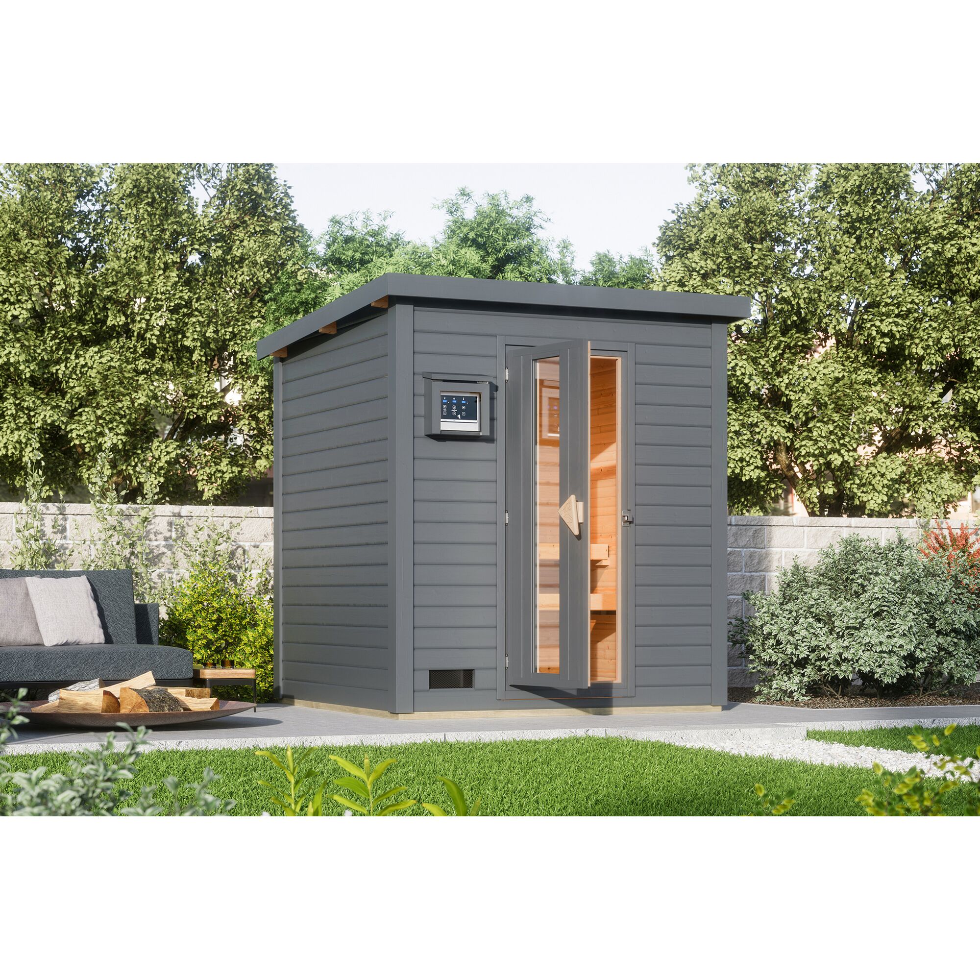 Graue Gartensauna mit offener Tür