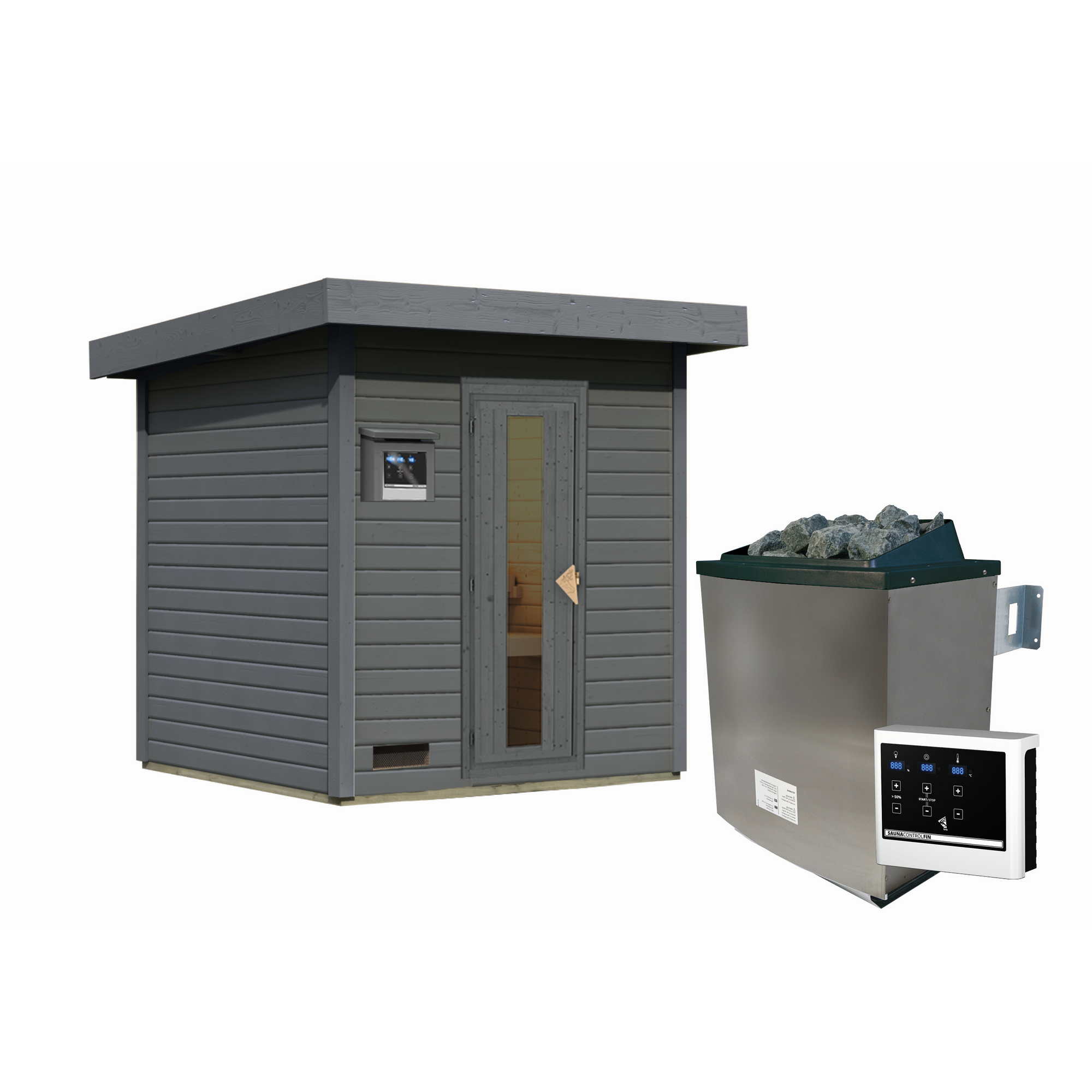 Saunahaus 'Bosco 2' terragrau 9 kW Ofen externe Steuerung 196 x 196 x 228 cm + product picture