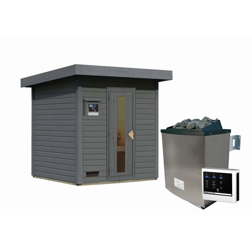 Graue Gartensauna mit Saunaofen