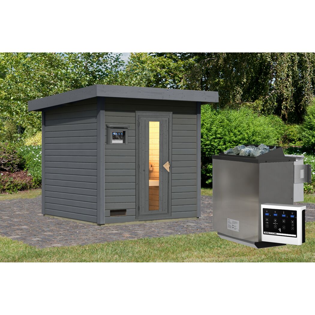 Saunahaus 'Bosco 2' terragrau 9 kW Bio-Ofen externe Steuerung 196 x 196 x 228 cm