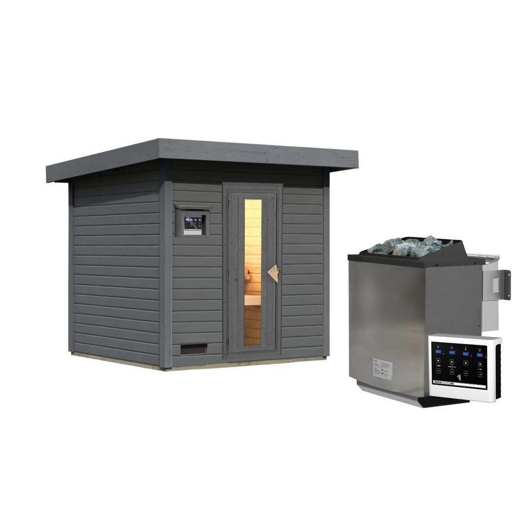 Saunahaus 'Bosco 2' terragrau 9 kW Bio-Ofen externe Steuerung 196 x 196 x 228 cm