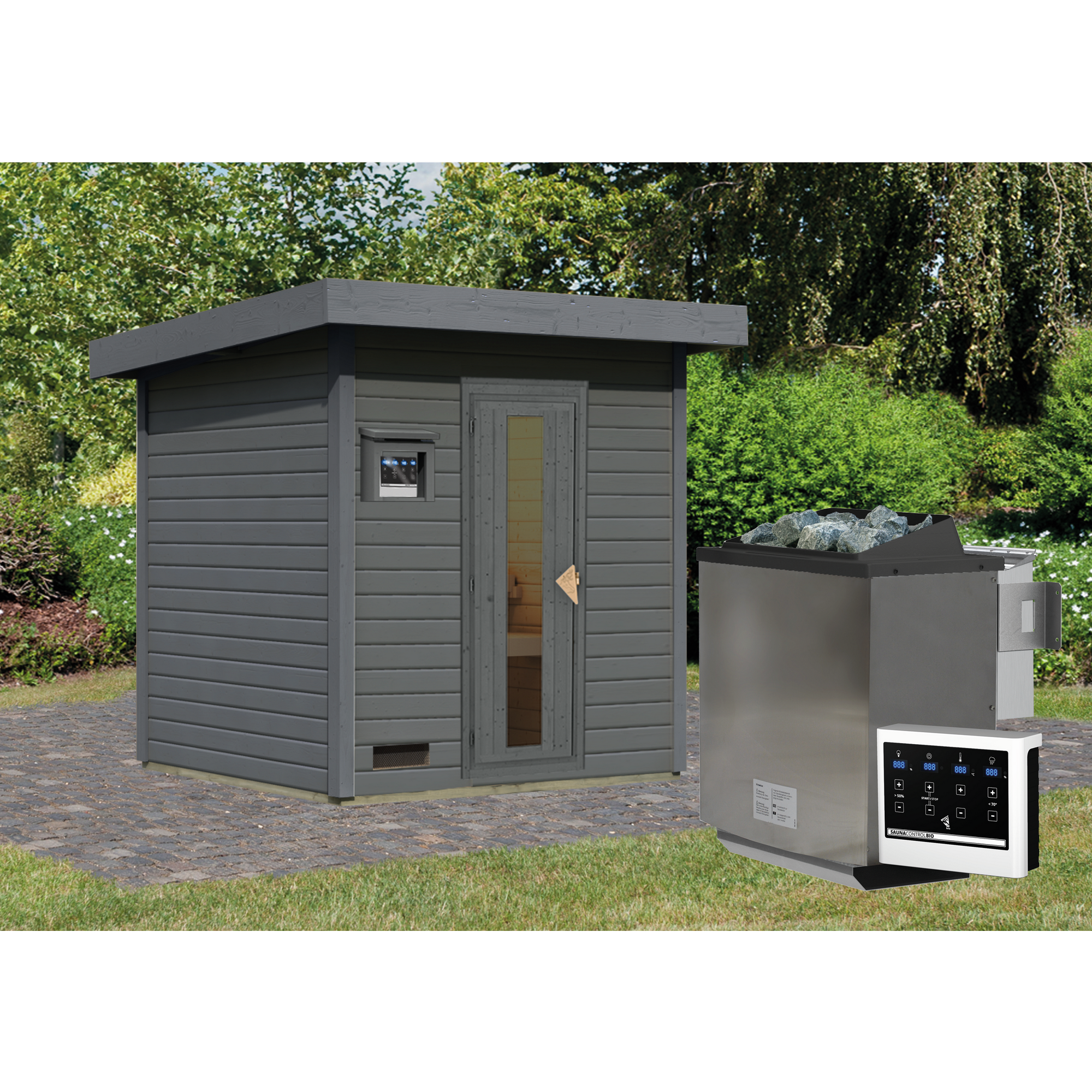 Saunahaus 'Bosco 2' terragrau 9 kW Bio-Ofen externe Steuerung 196 x 196 x 228 cm