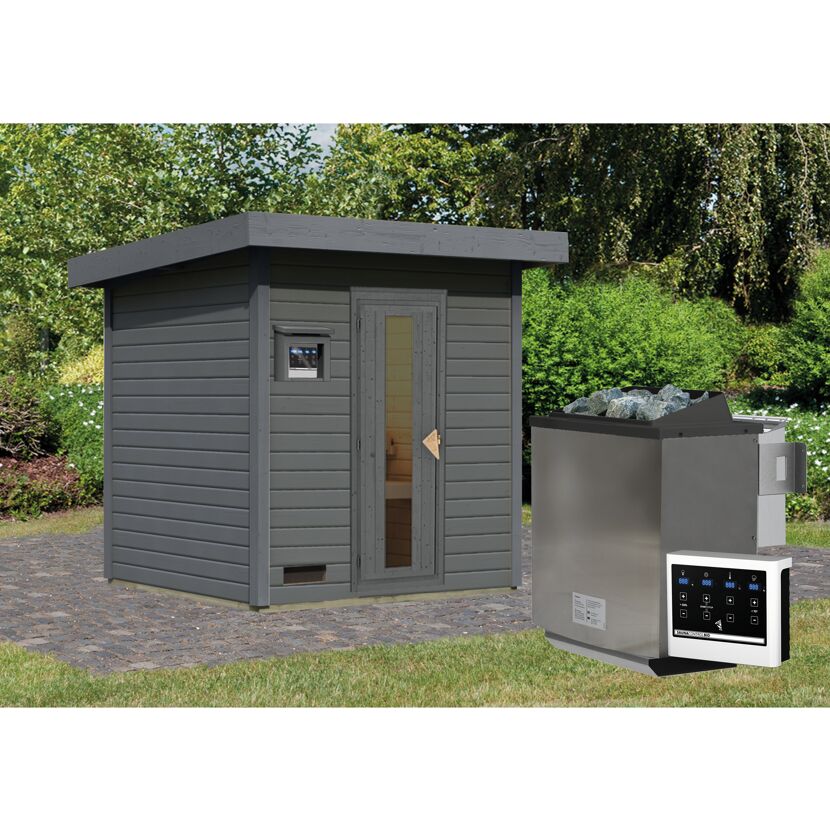 Graue Gartensauna mit Saunaofen