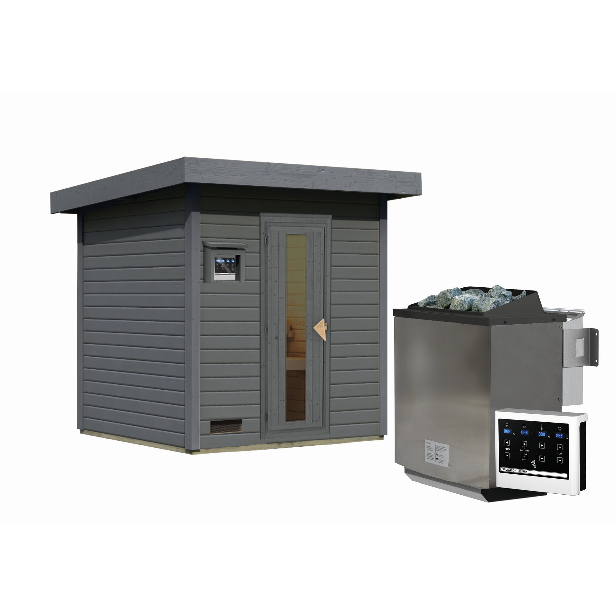 Saunahaus 'Bosco 2' terragrau 9 kW Bio-Ofen externe Steuerung 196 x 196 x 228 cm