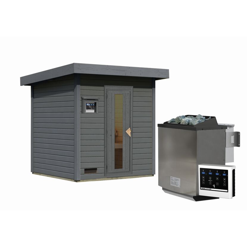 Graue Gartensauna mit Saunaofen