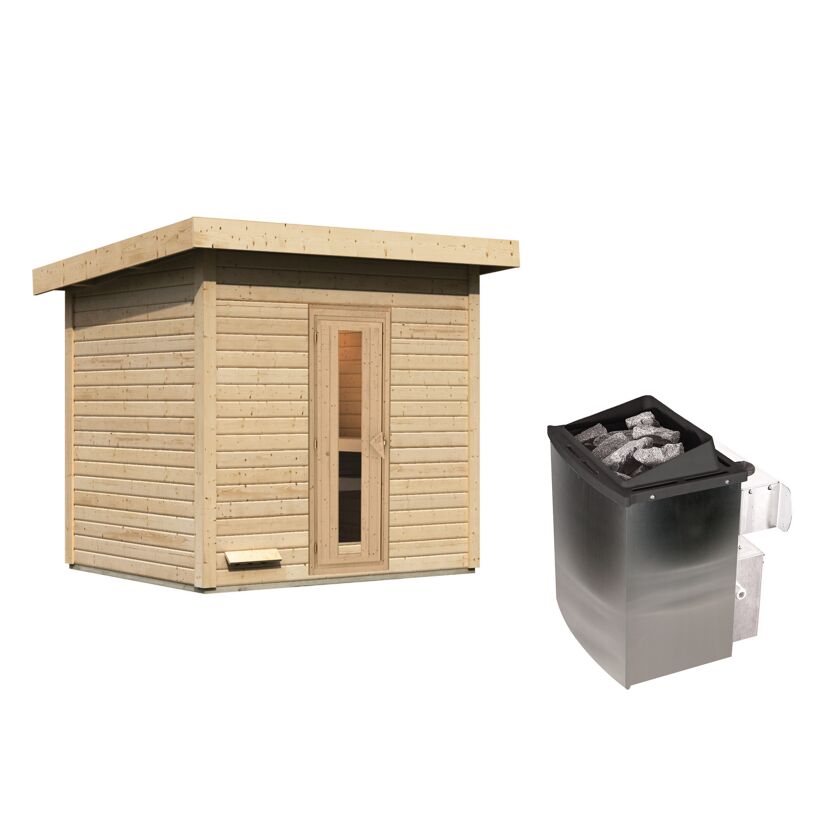 Sauna aus Holz mit Saunaofen