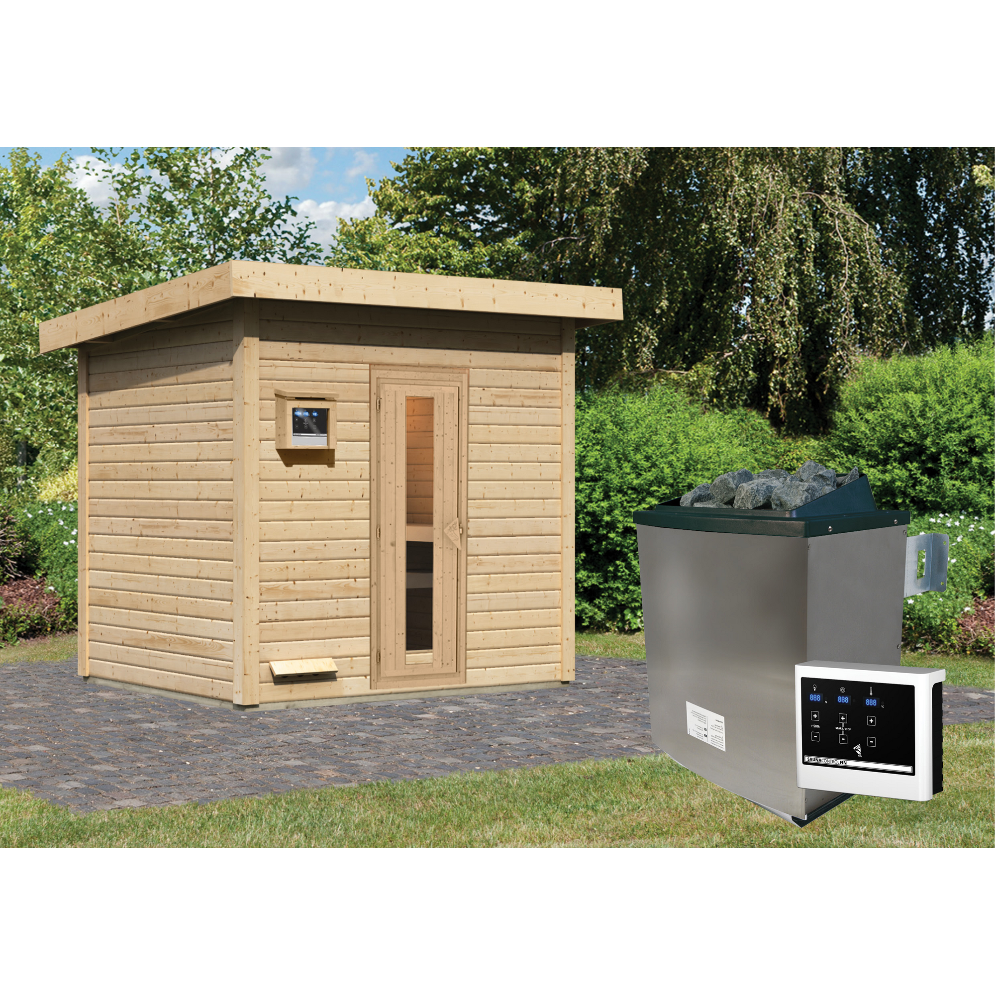 Saunahaus 'Bosco 3' naturbelassen 9 kW Ofen externe Steuerung 231 x 196 x 228 cm + product picture