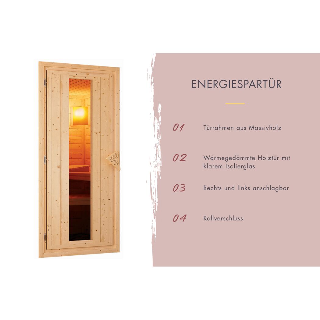 Geöffnete Holztür einer Sauna