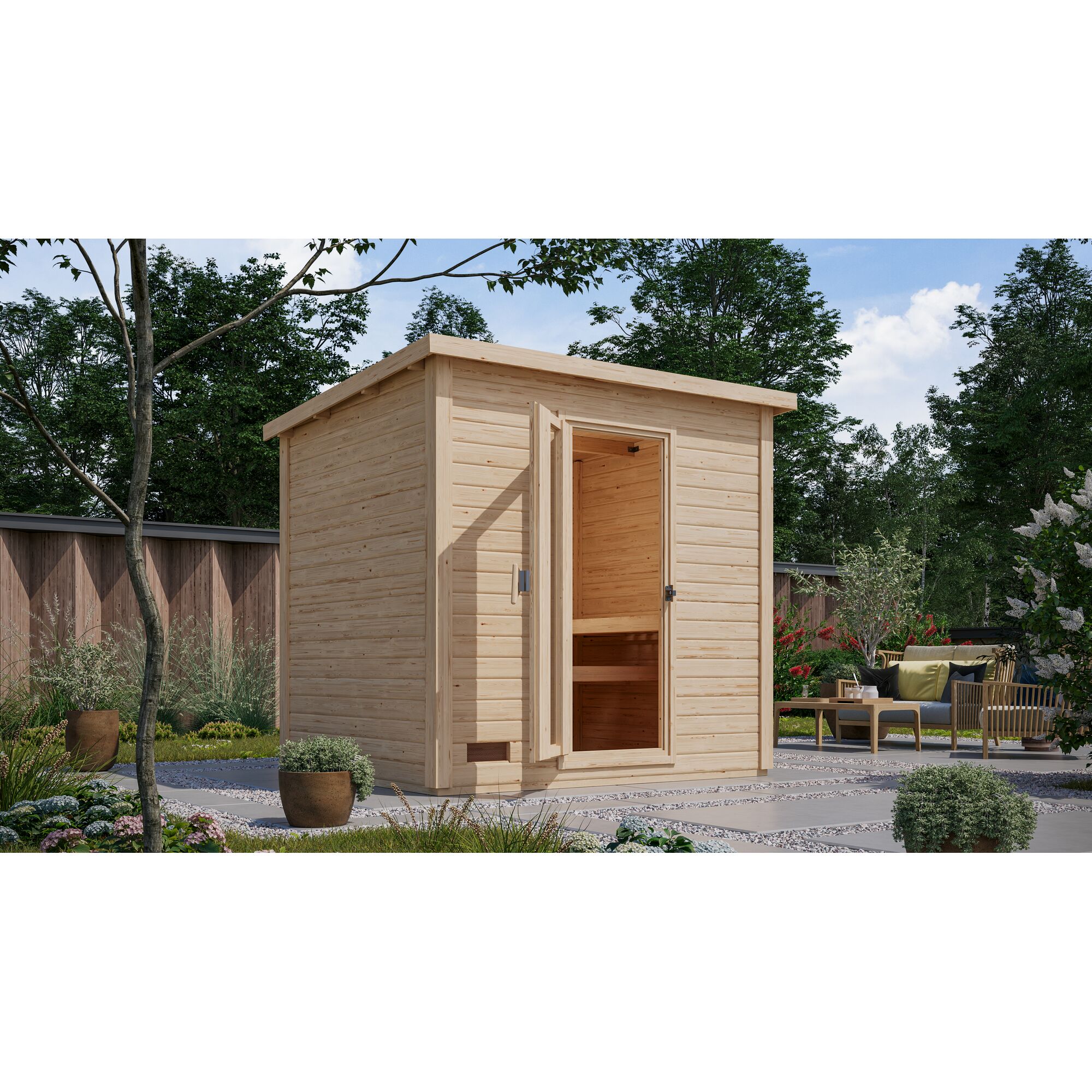 Offene Sauna aus Holz im Garten