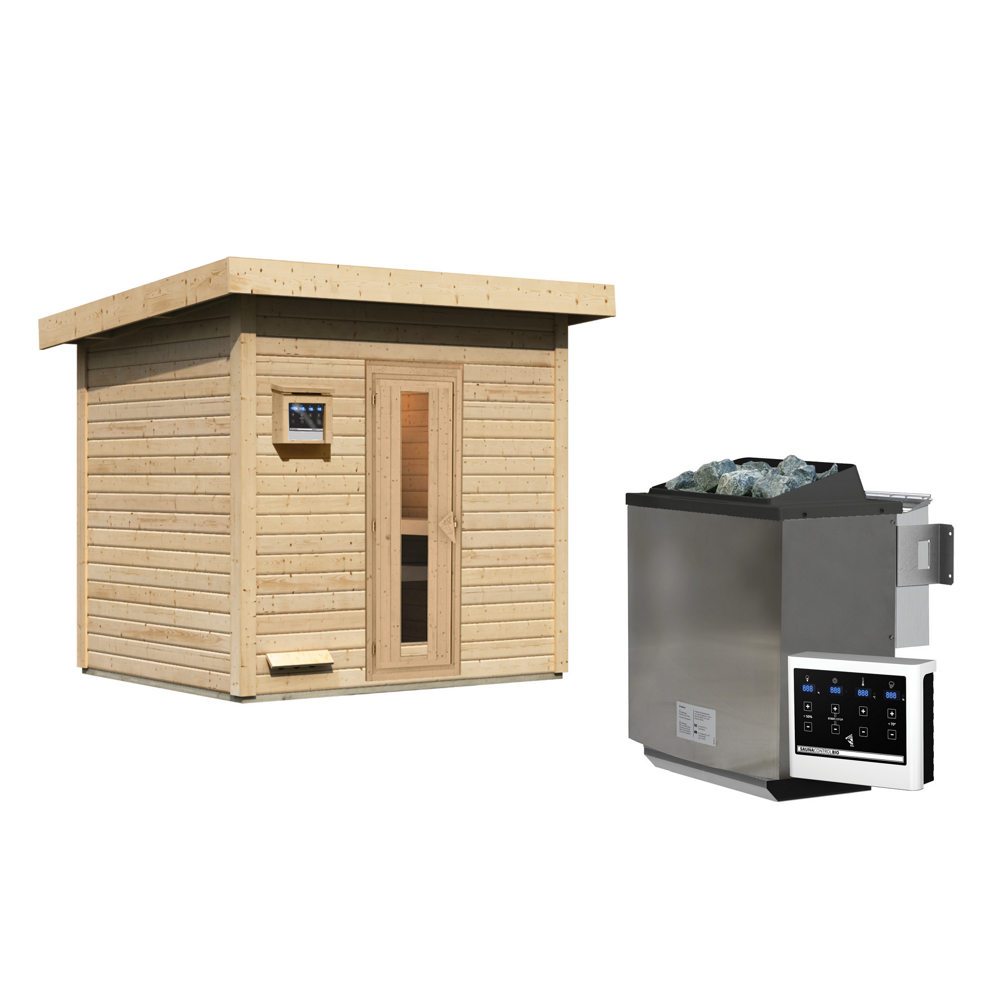 Außen-Sauna aus Holz mit Saunaofen
