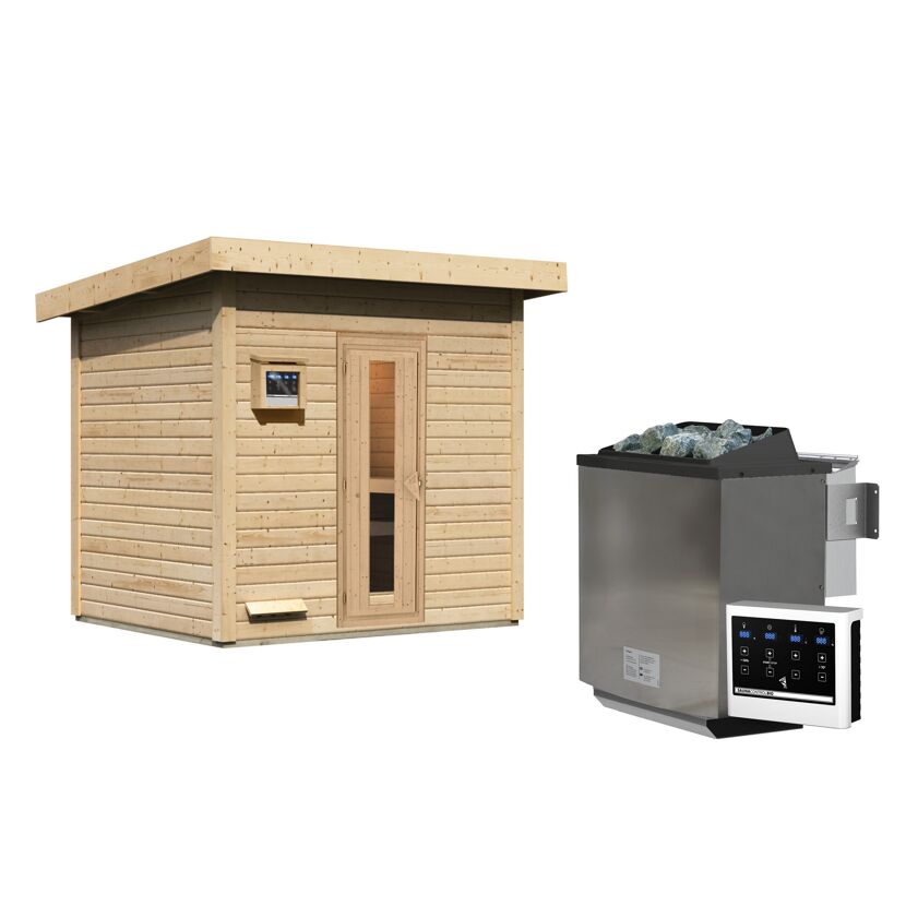 Außen-Sauna aus Holz mit Saunaofen