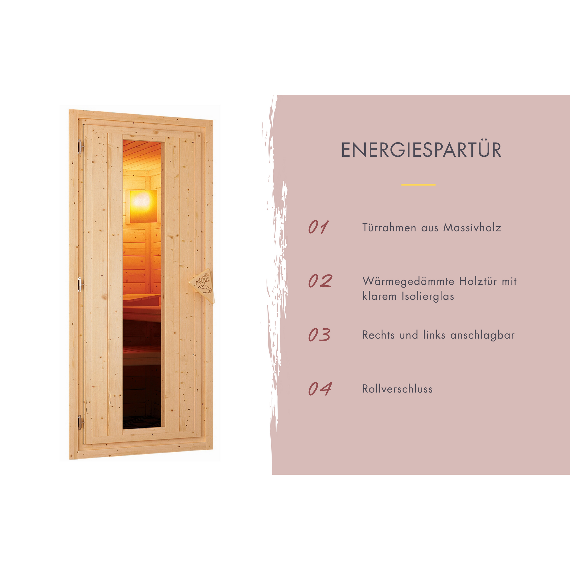 Geöffnete Saunatür aus Holz mit Glasausschnitt