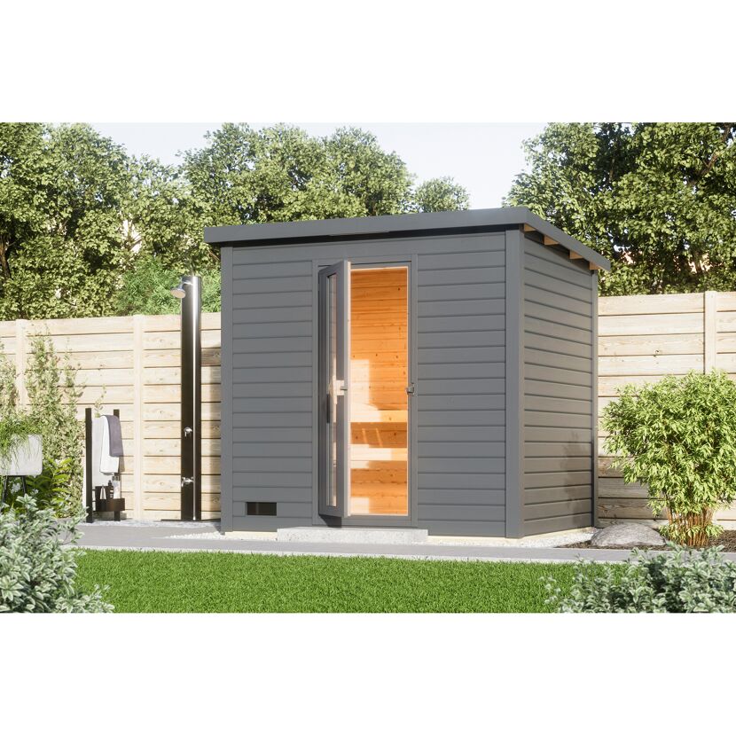 Graue Gartensauna mit geöffneter Tür
