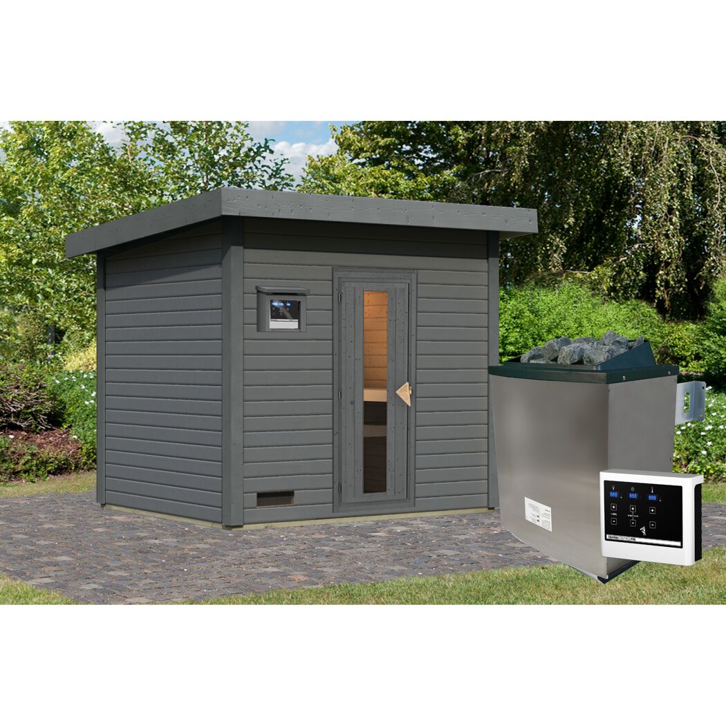 Saunahaus 'Bosco 3' terragrau 9 kW Ofen externe Steuerung 231 x 196 x 228 cm