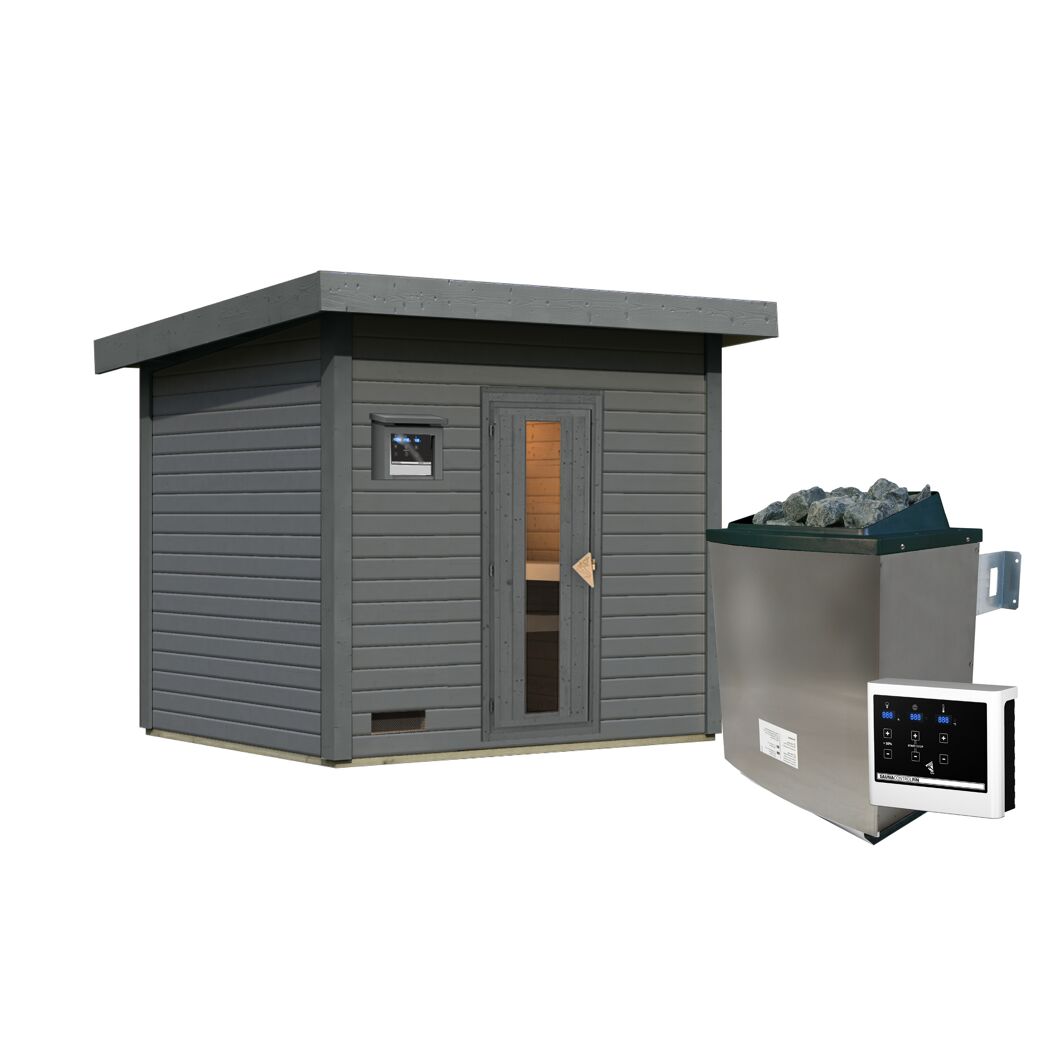 Saunahaus 'Bosco 3' terragrau 9 kW Ofen externe Steuerung 231 x 196 x 228 cm
