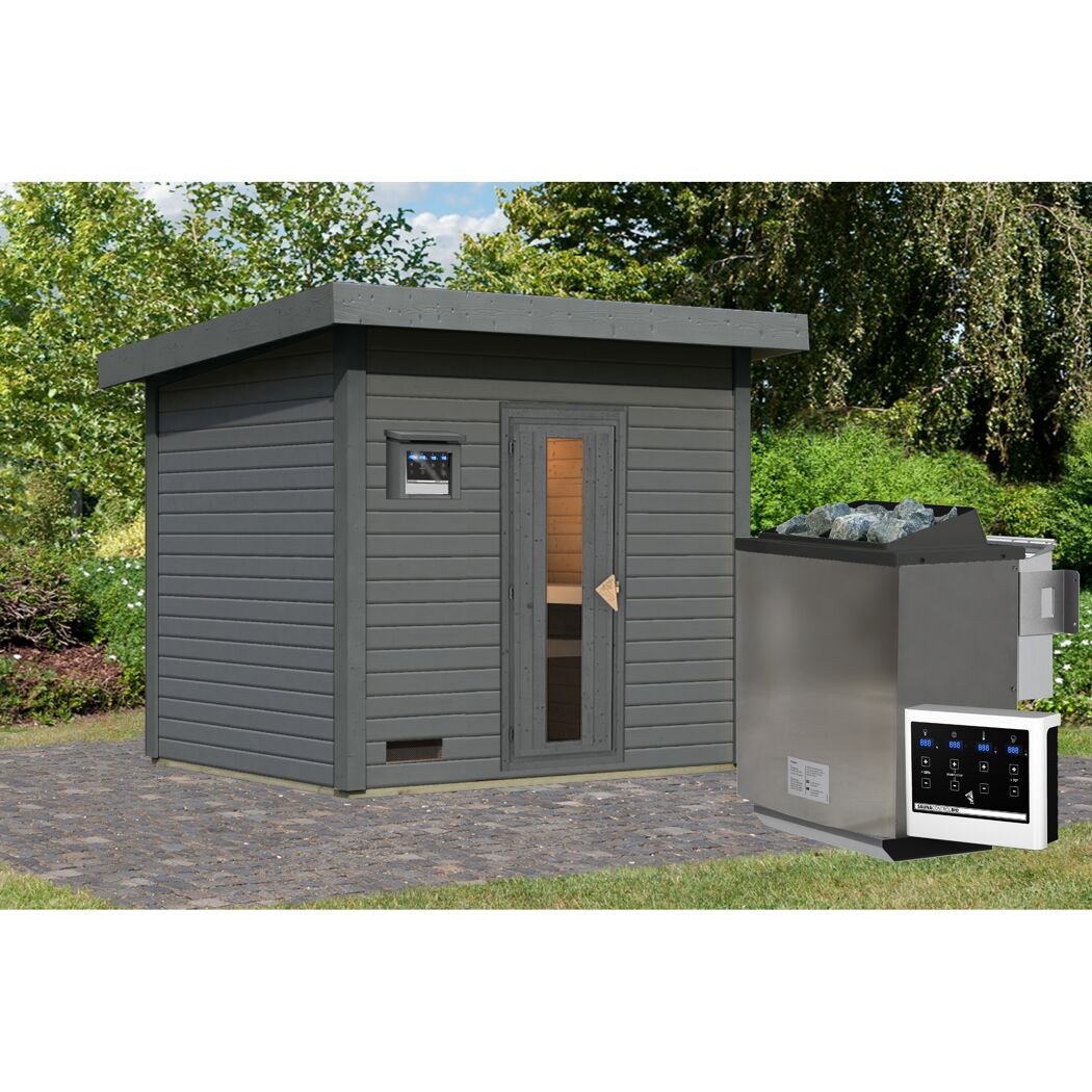 Saunahaus 'Bosco 3' terragrau Ofen 9 kW Bio-Ofen externe Steuerung 231 x 196 x 228 cm