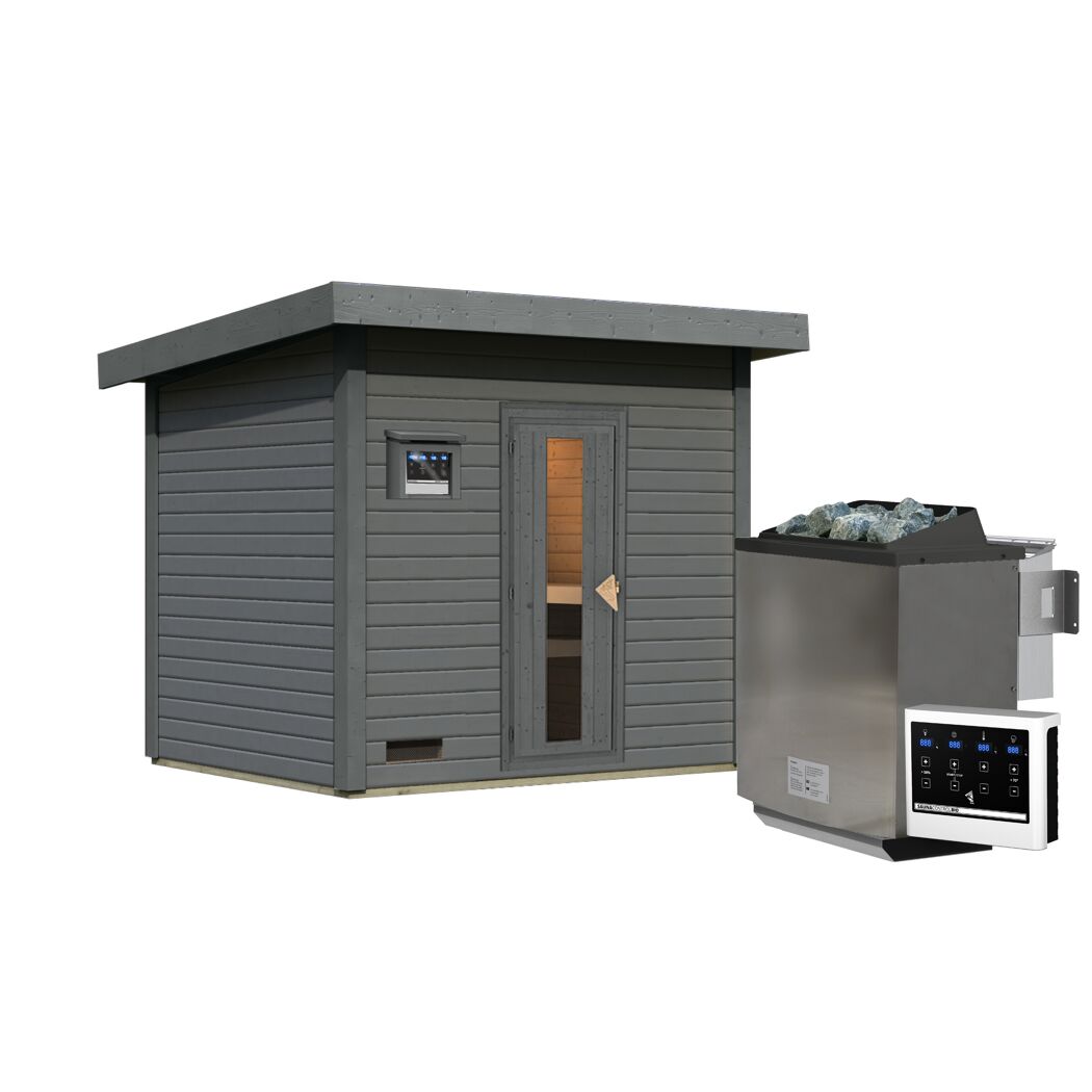 Saunahaus 'Bosco 3' terragrau Ofen 9 kW Bio-Ofen externe Steuerung 231 x 196 x 228 cm