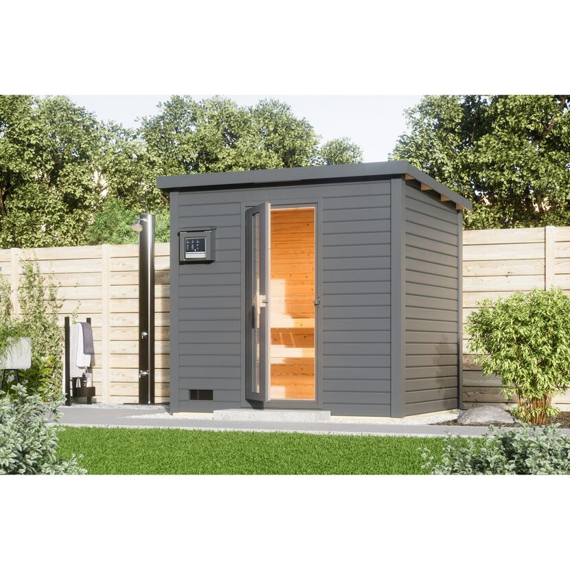 Graue Gartensauna mit offener Tür