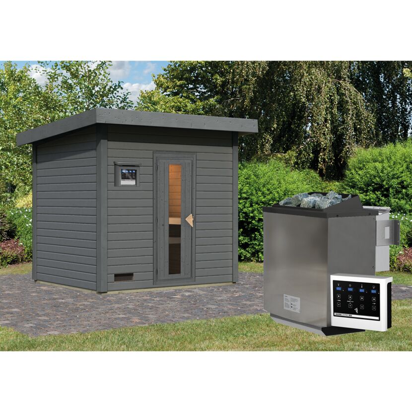 Graue Gartensauna mit Saunaofen