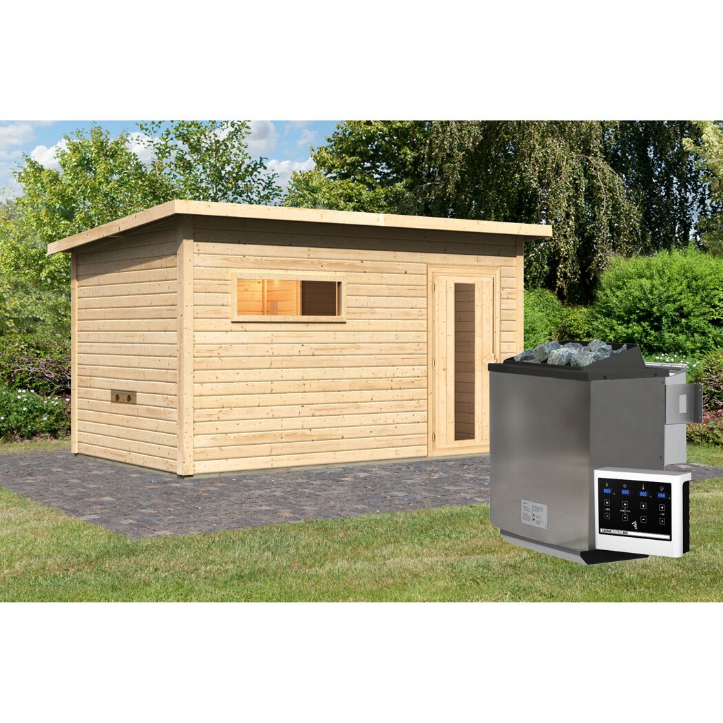 Saunahaus 'Bosco 6' naturbelassen 9 kW Bio-Ofen externe Steuerung 396 x 231 x 217 cm