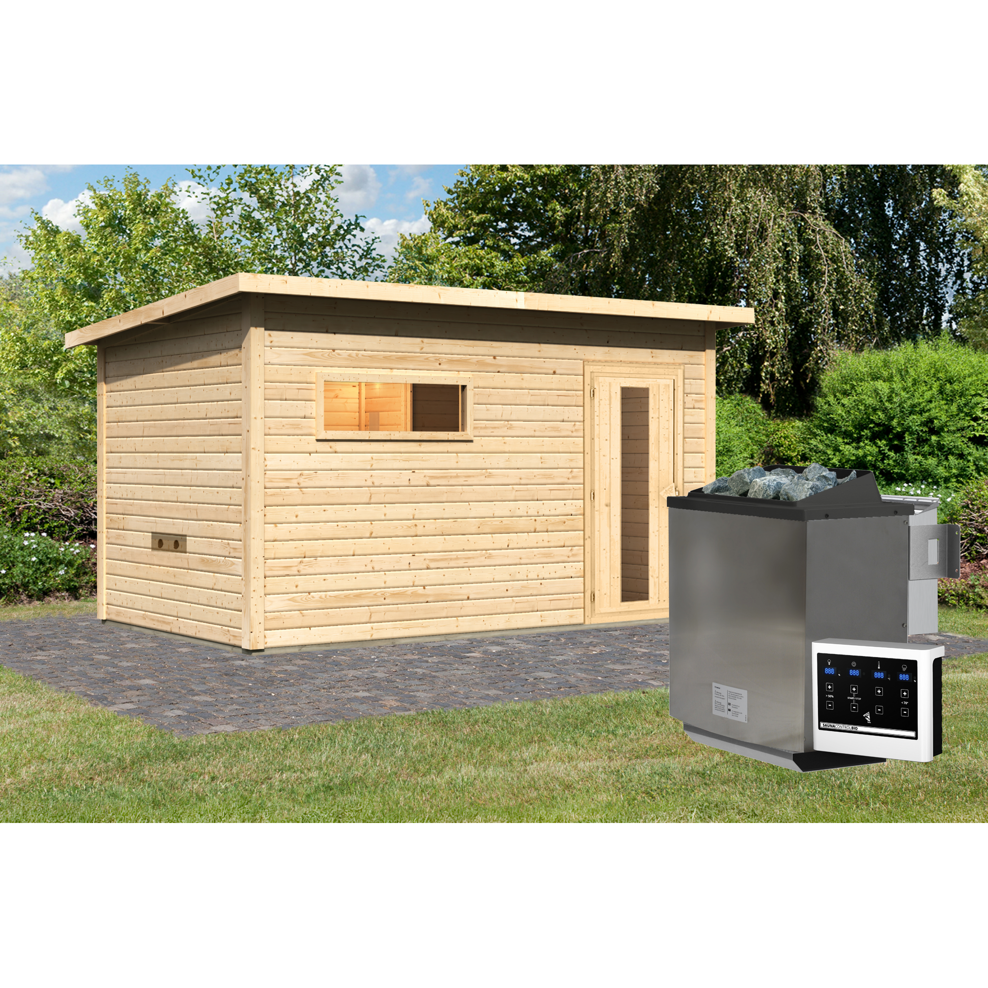 Saunahaus 'Bosco 6' naturbelassen 9 kW Bio-Ofen externe Steuerung 396 x 231 x 217 cm + product picture