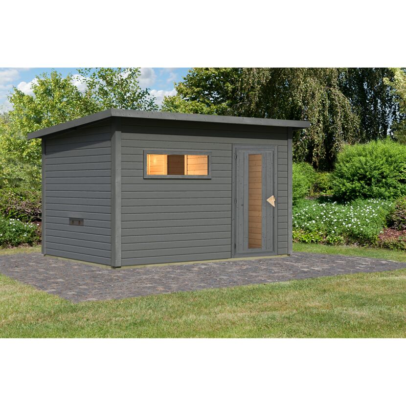 Graue Gartensauna mit Beleuchtung