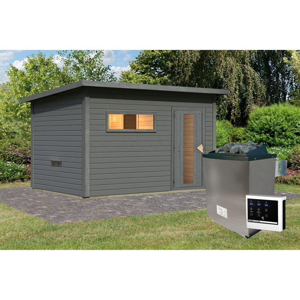 Saunahaus 'Bosco 6' terragrau 9 kW Ofen externe Steuerung 396 x 231 x 217 cm