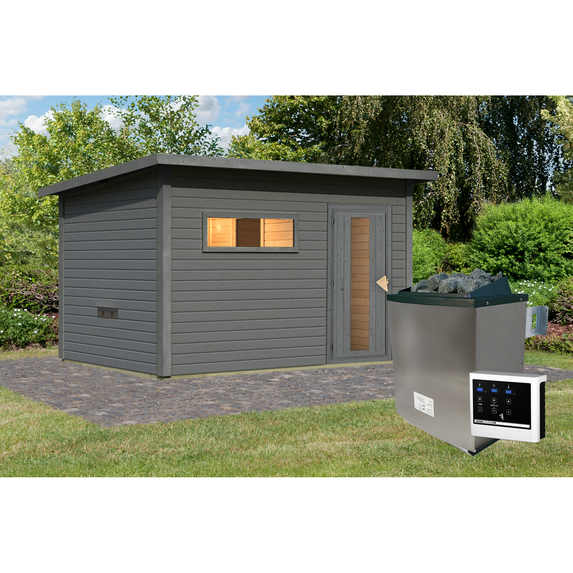 Saunahaus 'Bosco 6' terragrau 9 kW Ofen externe Steuerung 396 x 231 x 217 cm + product picture