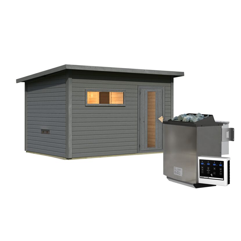 Graue Sauna aus Holz mit Saunaofen