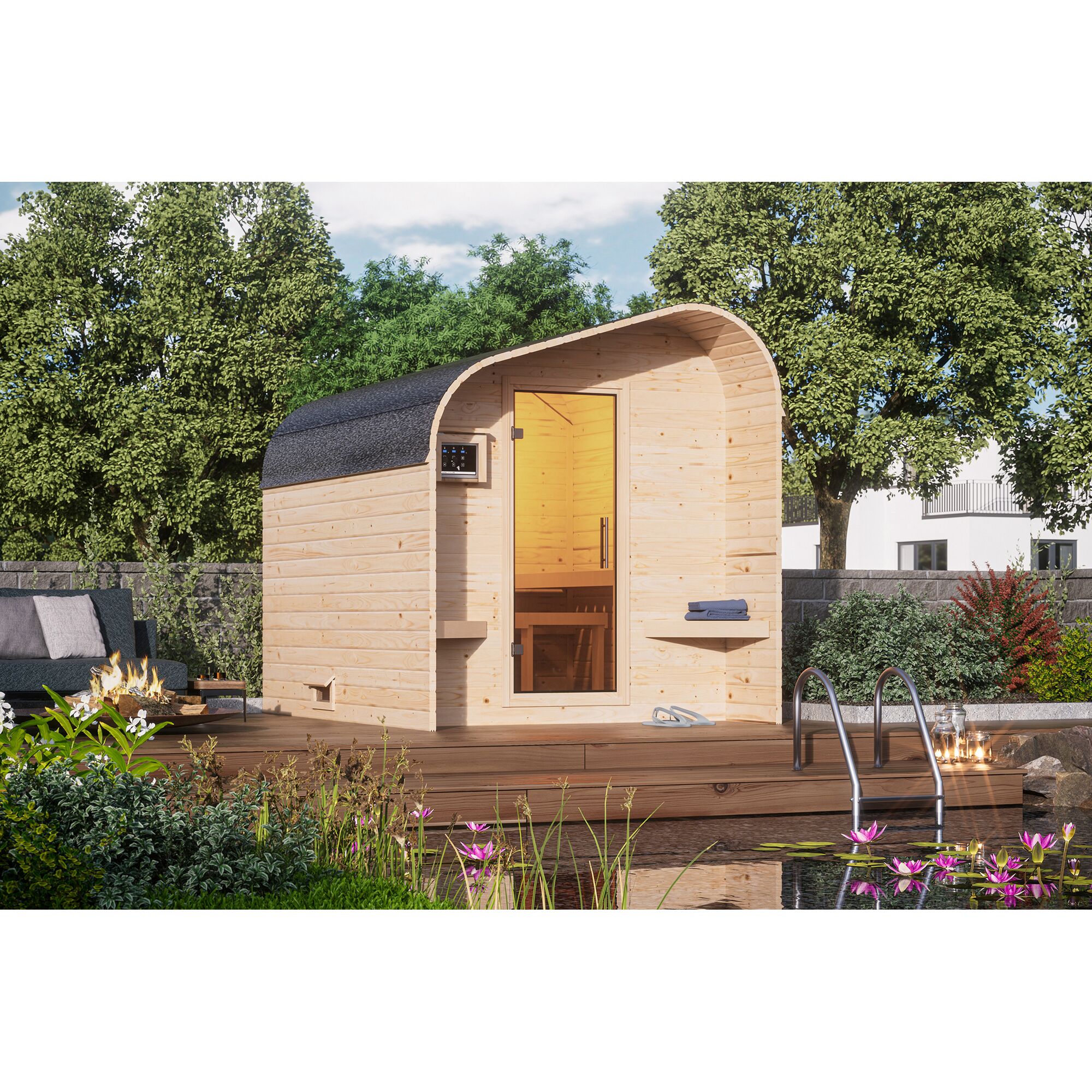 Hölzerne Gartensauna am Pool