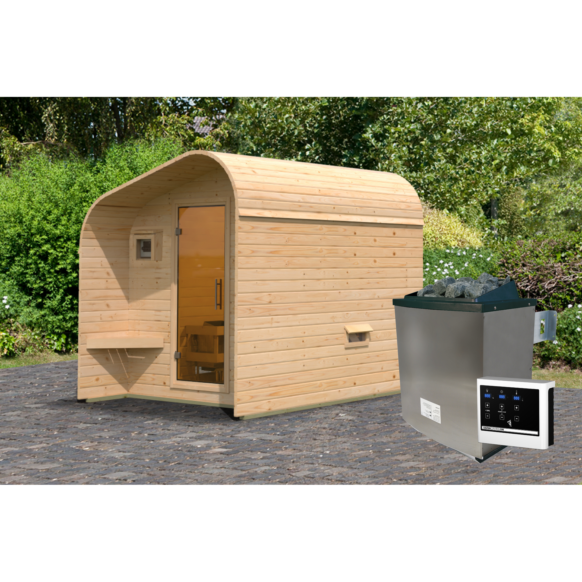 Fasshaus-Sauna 'Santo 2' asymmetrisch SET naturbelassen 9 kW Ofen externe Steuerung 219 x 295 x 244,5 cm + product picture