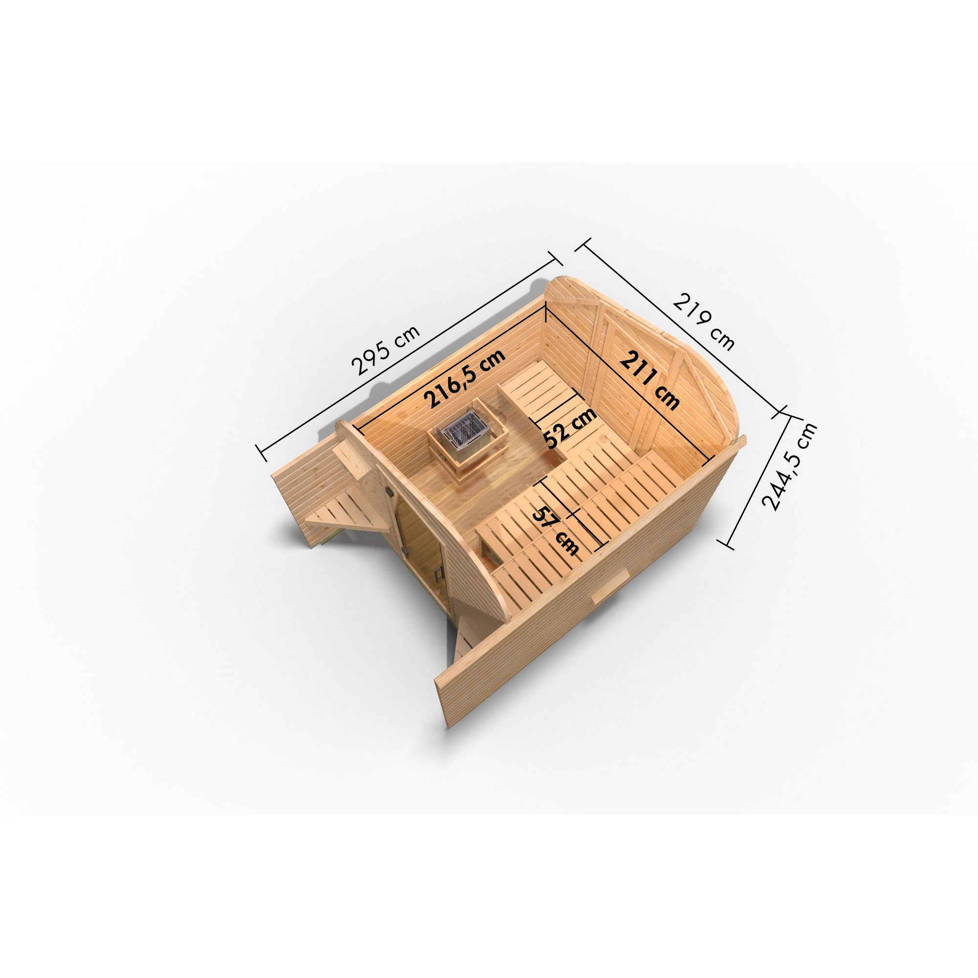 Fasshaus-Sauna 'Santo 2' asymmetrisch SET naturbelassen 9 kW Ofen externe Steuerung 219 x 295 x 244,5 cm + product picture