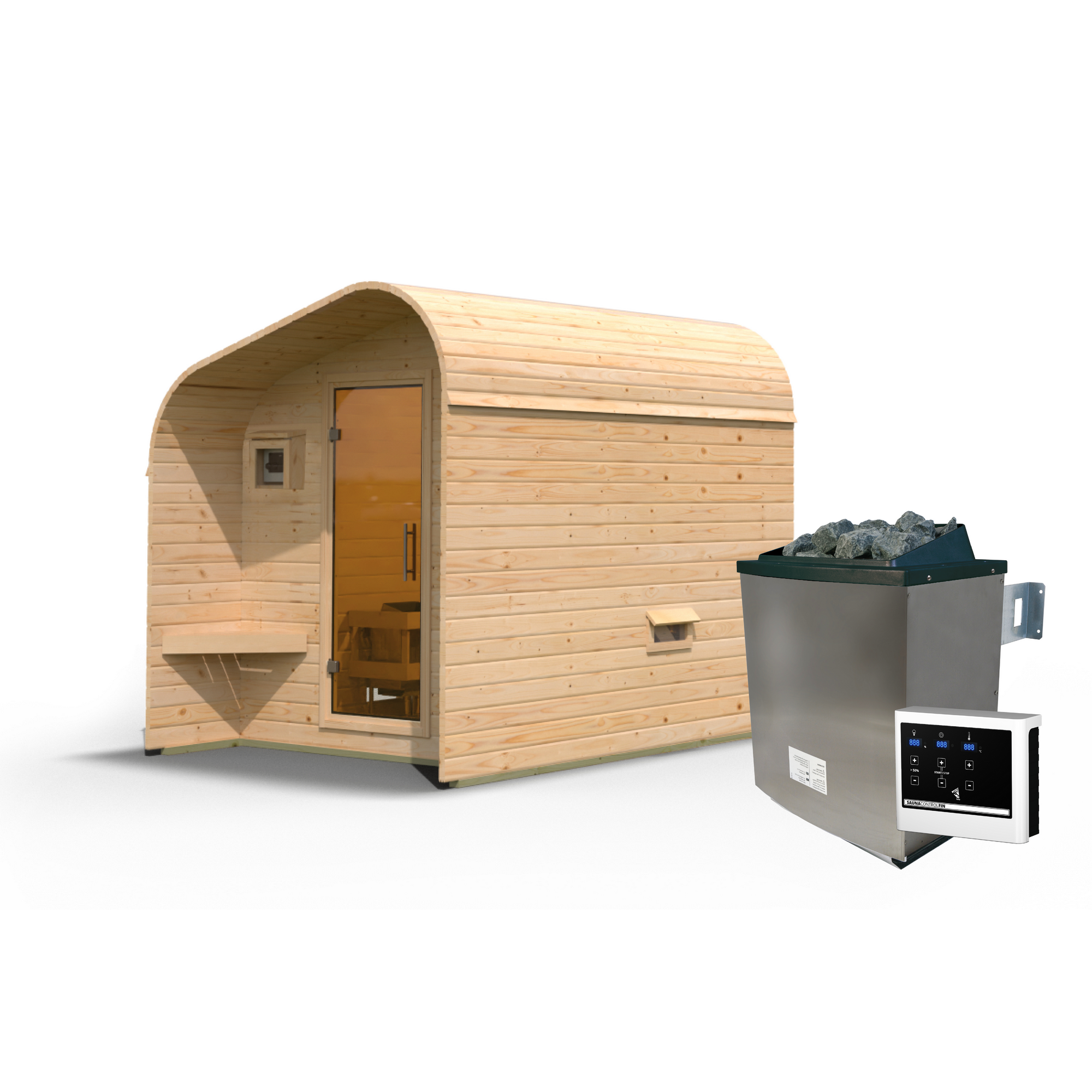 Fasshaus-Sauna 'Santo 2' asymmetrisch SET naturbelassen 9 kW Ofen externe Steuerung 219 x 295 x 244,5 cm + product picture