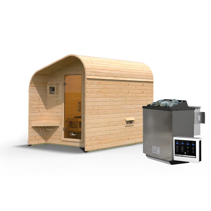 Außen-Sauna aus Holz mit Saunaofen