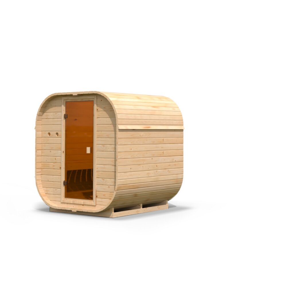 Außenansicht einer Fasssauna aus Holz