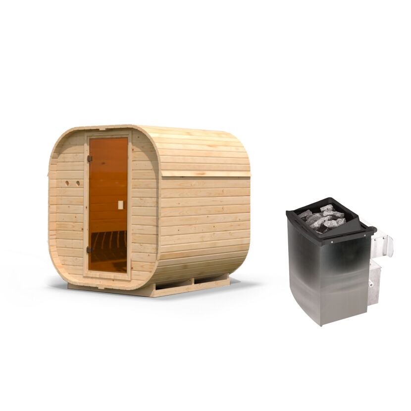 Fasssauna aus Holz mit Saunaofen