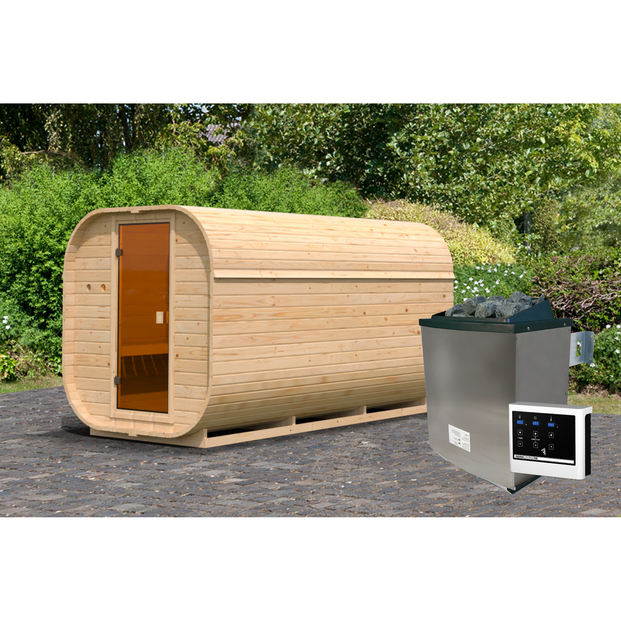 Fasssauna 'Sisco 3' naturbelassen 9 kW Ofen externe Steuerung 199 x 355 x 205 cm + product picture