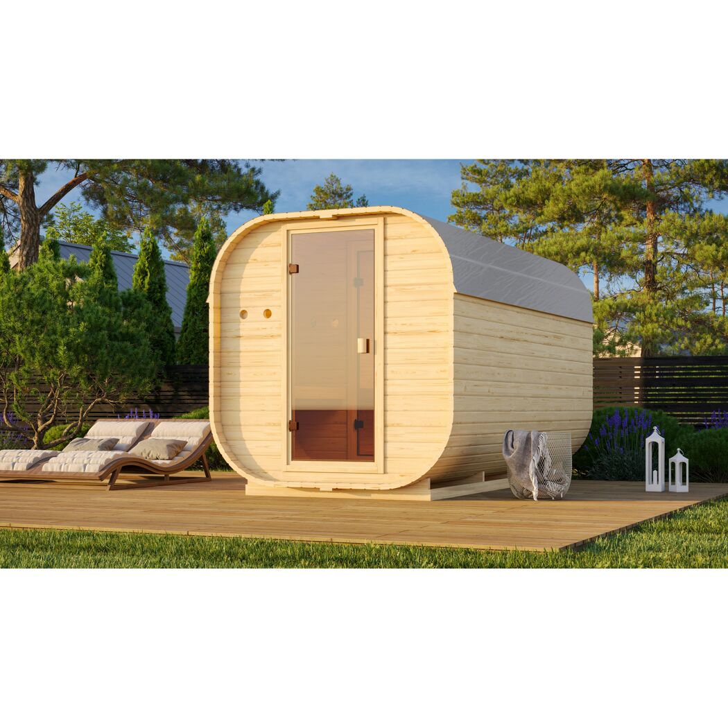 Ovalförmige Gartensauna aus Holz
