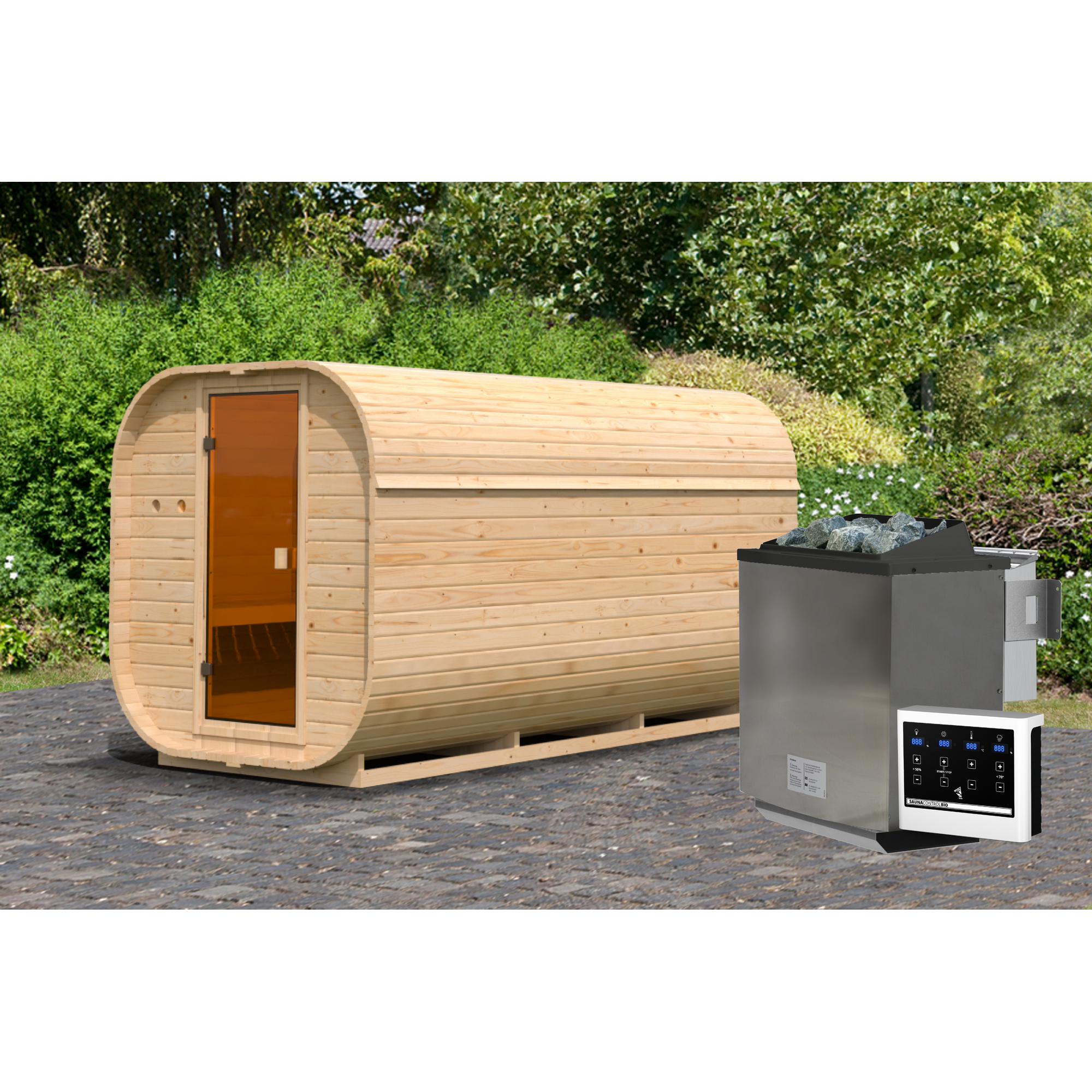 Fasssauna 'Sisco 3' naturbelassen 9 kW Bio-Ofen externe Steuerung 199 x 355 x 205 cm + product picture