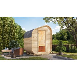 Fasssauna 'Suna 1' asymmetrisch naturbelassen 9 kW Ofen integrierte Steuerung 199 x 175 x 248,5 cm